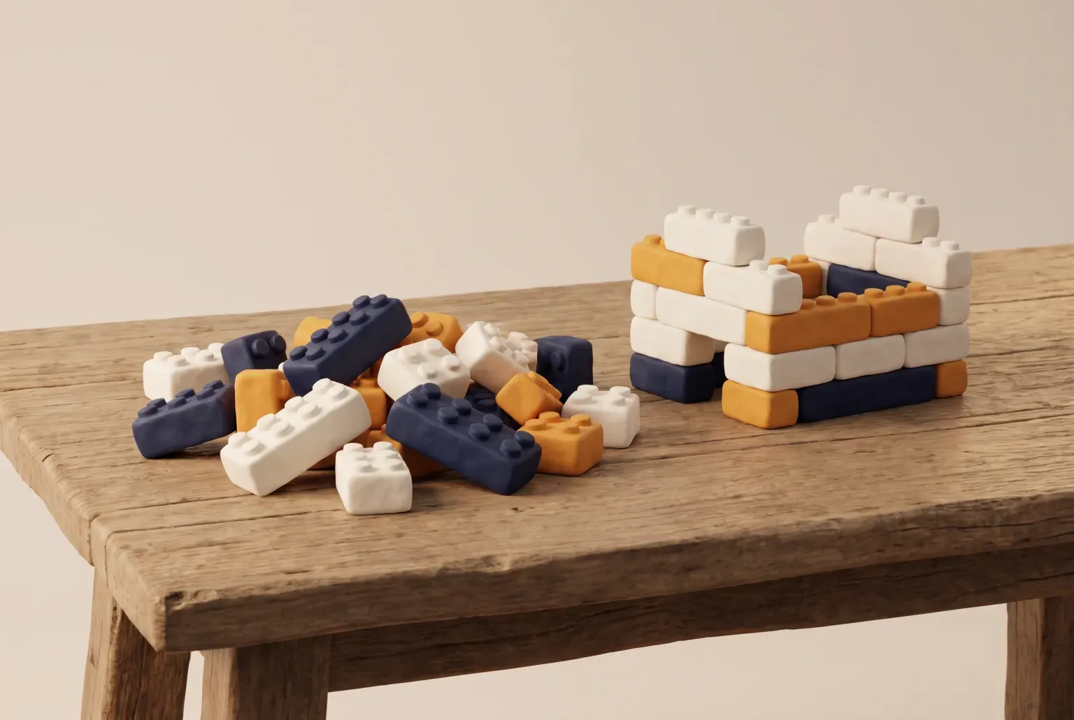 Illustration: a pile of plain colorful toy building bricks beside a small half-built brick model on a wooden table, drawn as a soft 3D render. Not a real product.