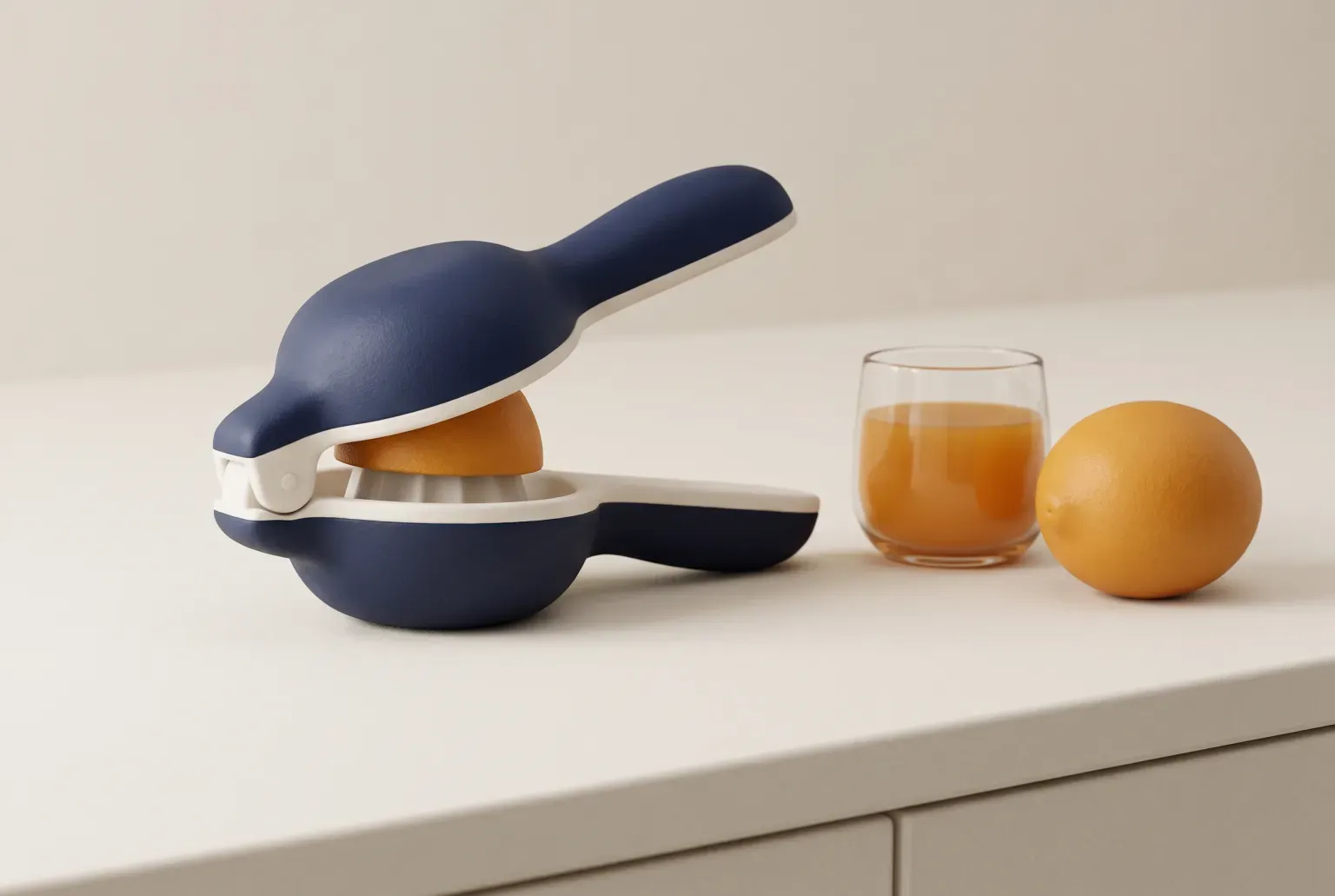 Illustration: a navy and white handheld citrus squeezer pressing a halved orange-colored fruit on a cream kitchen counter beside a small glass of juice and a whole orange, drawn as a soft 3D render. Not a real product.