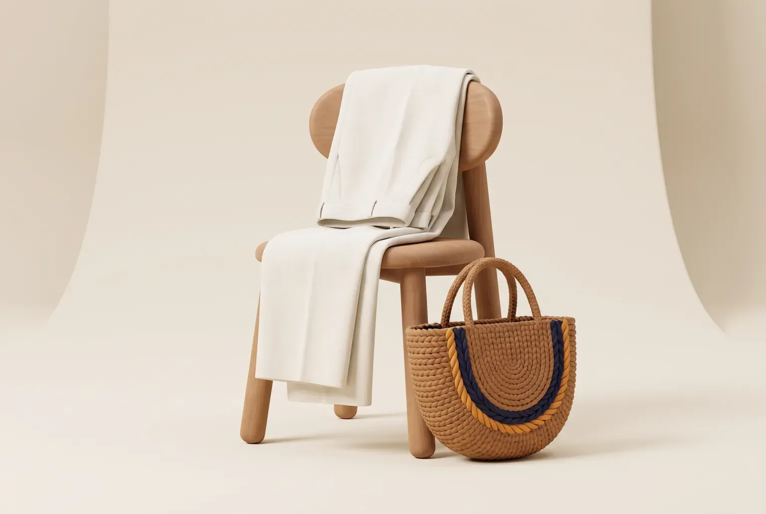Illustration: a pair of cream trousers draped over a wooden chair beside a woven straw bag, drawn as a soft 3D render. Not a real product.