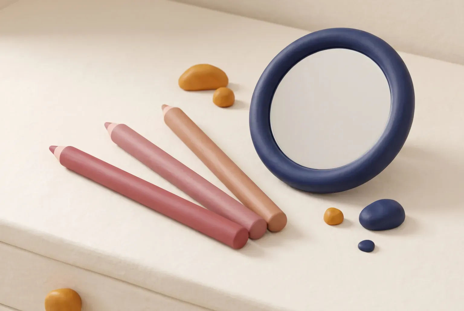 Illustration: three plain lip liner pencils in soft nude and rose tones fanned out beside a small mirror on a vanity, drawn as a soft 3D render. Not a real product.