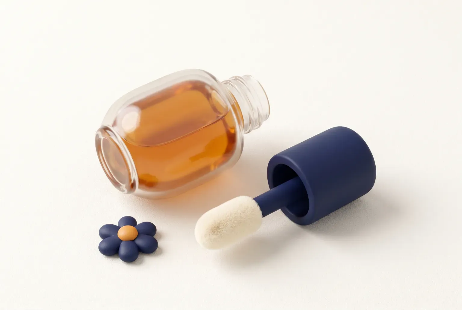 Illustration: a clear glass bottle of amber lip oil lying on its side beside a navy cap with a soft white wand applicator and a small navy flower on a cream surface, drawn as a soft 3D render. Not a real product.