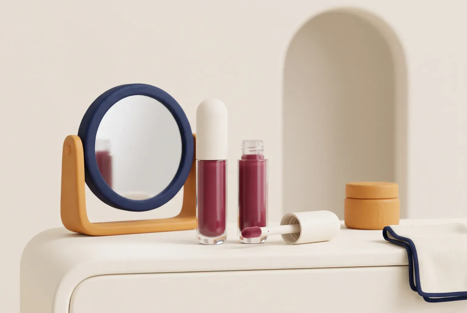 Illustration: two plain lip gloss tubes with berry-red tinted liquid and an applicator wand on a vanity by a small mirror, drawn as a soft 3D render. Not a real product.