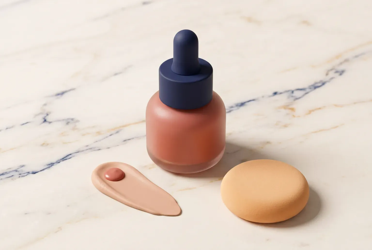 Illustration: a small glass dropper bottle of rosy liquid blush with a navy cap, a smear of blush on a pink swatch and a round beige sponge on a cream marble surface, drawn as a soft 3D render. Not a real product.