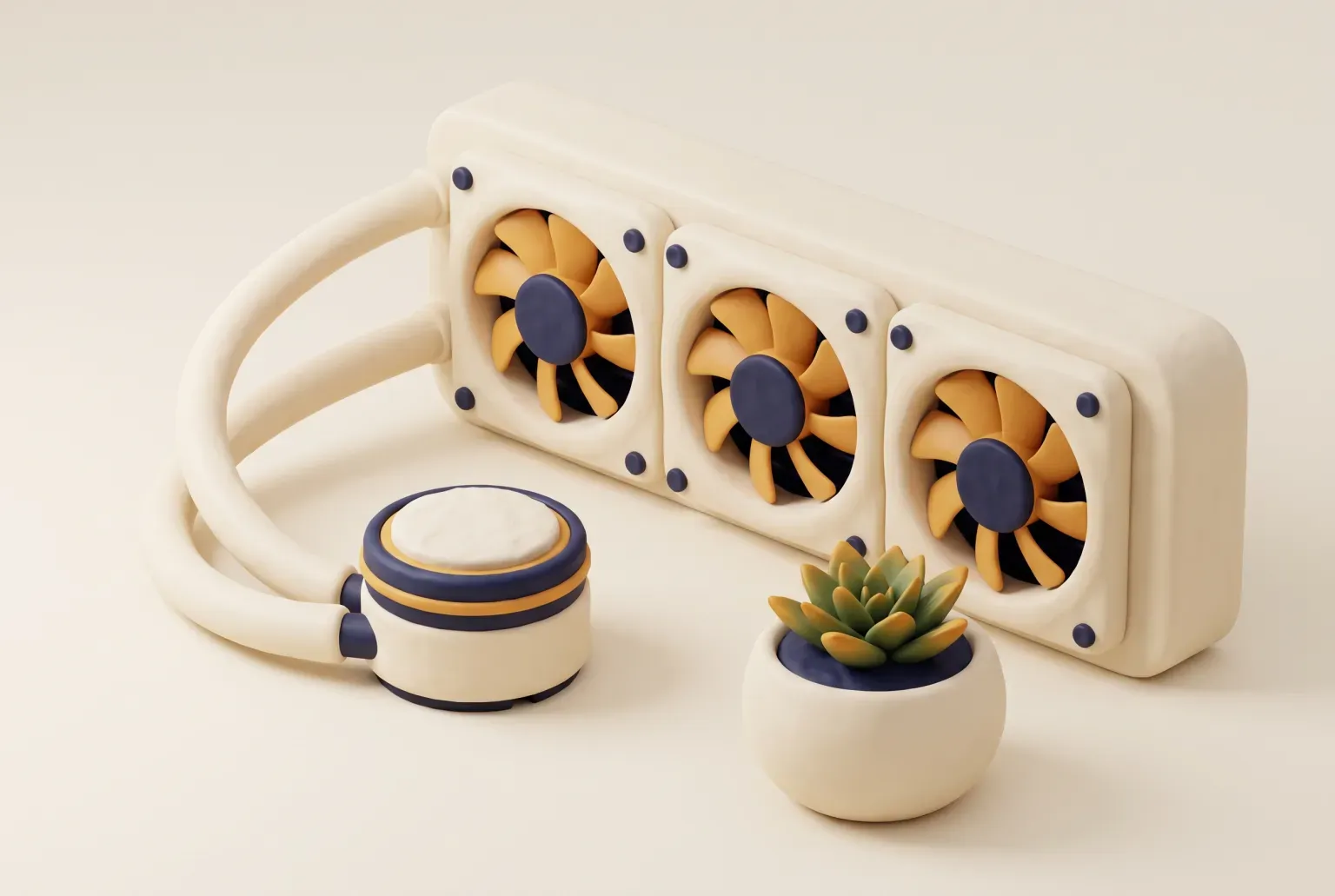 Illustration: a cream liquid CPU cooler with a round pump block, two thick tubes and a three-fan radiator on a cream desk beside a small potted succulent, drawn as a soft 3D render. Not a real product.