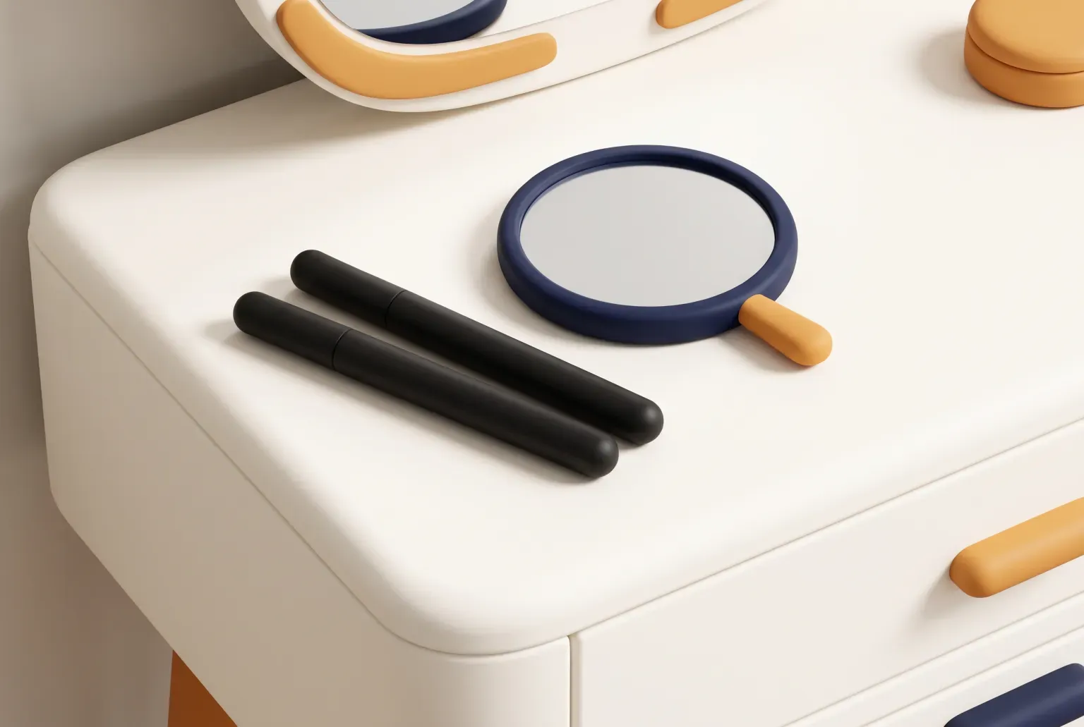 Illustration: two plain black liquid eyeliner pens with slim tips lying beside a small round mirror on a vanity, drawn as a soft 3D render. Not a real product.