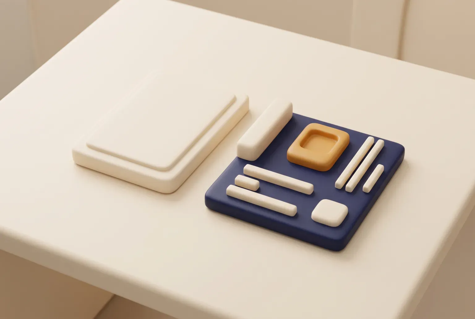Illustration: a flat cream storage drive module beside a small navy computer motherboard with a square socket, drawn as a soft 3D render. Not a real product.
