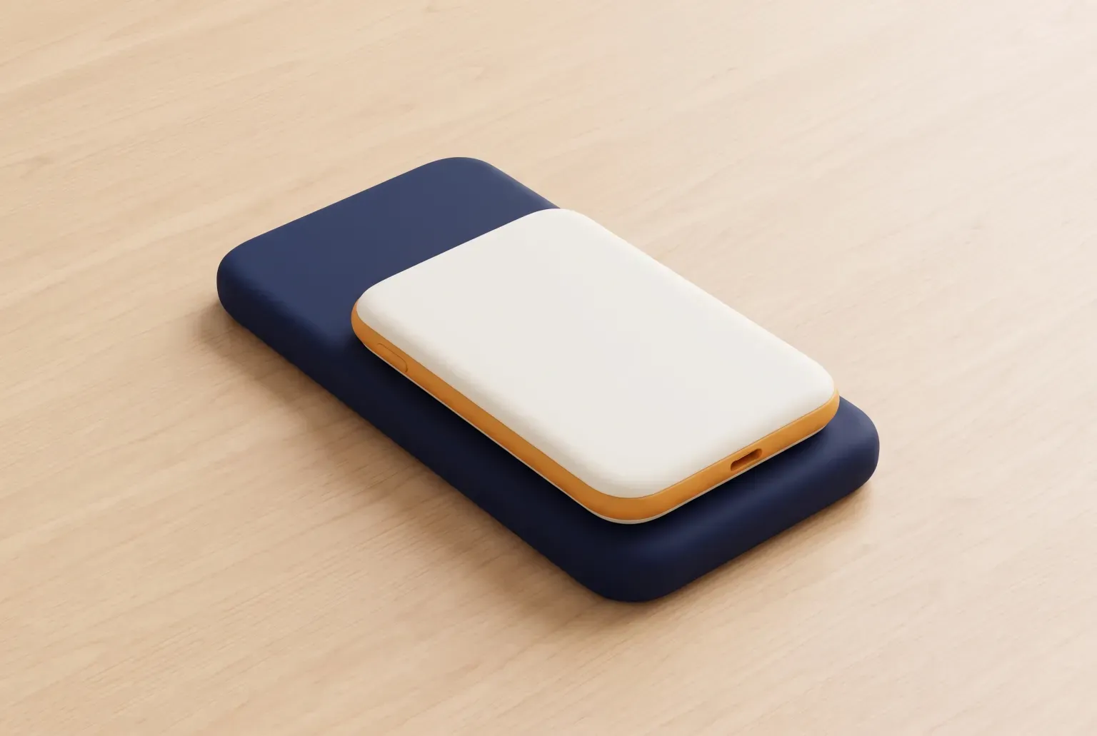 Illustration: a slim cream and amber magnetic battery pack resting on the back of a plain navy phone on a light wooden desk, drawn as a soft 3D render. Not a real product.