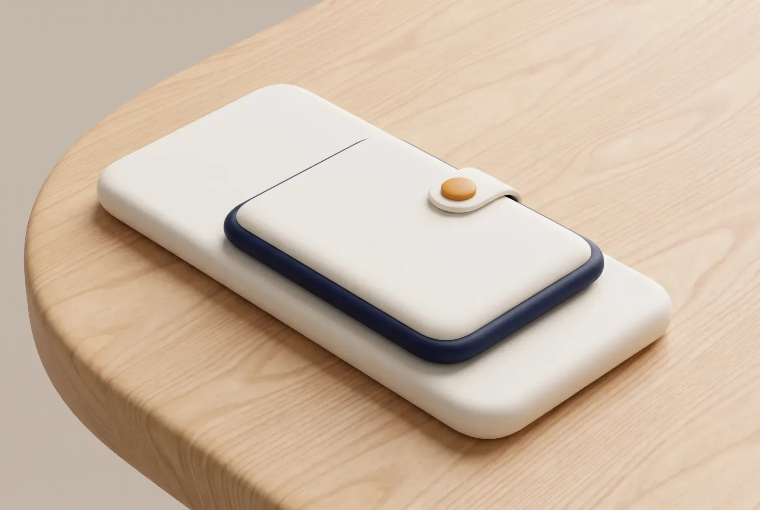 Illustration: a plain cream card wallet with a navy edge snapped onto a blank phone on a light wooden desk, drawn as a soft 3D render. Not a real product.