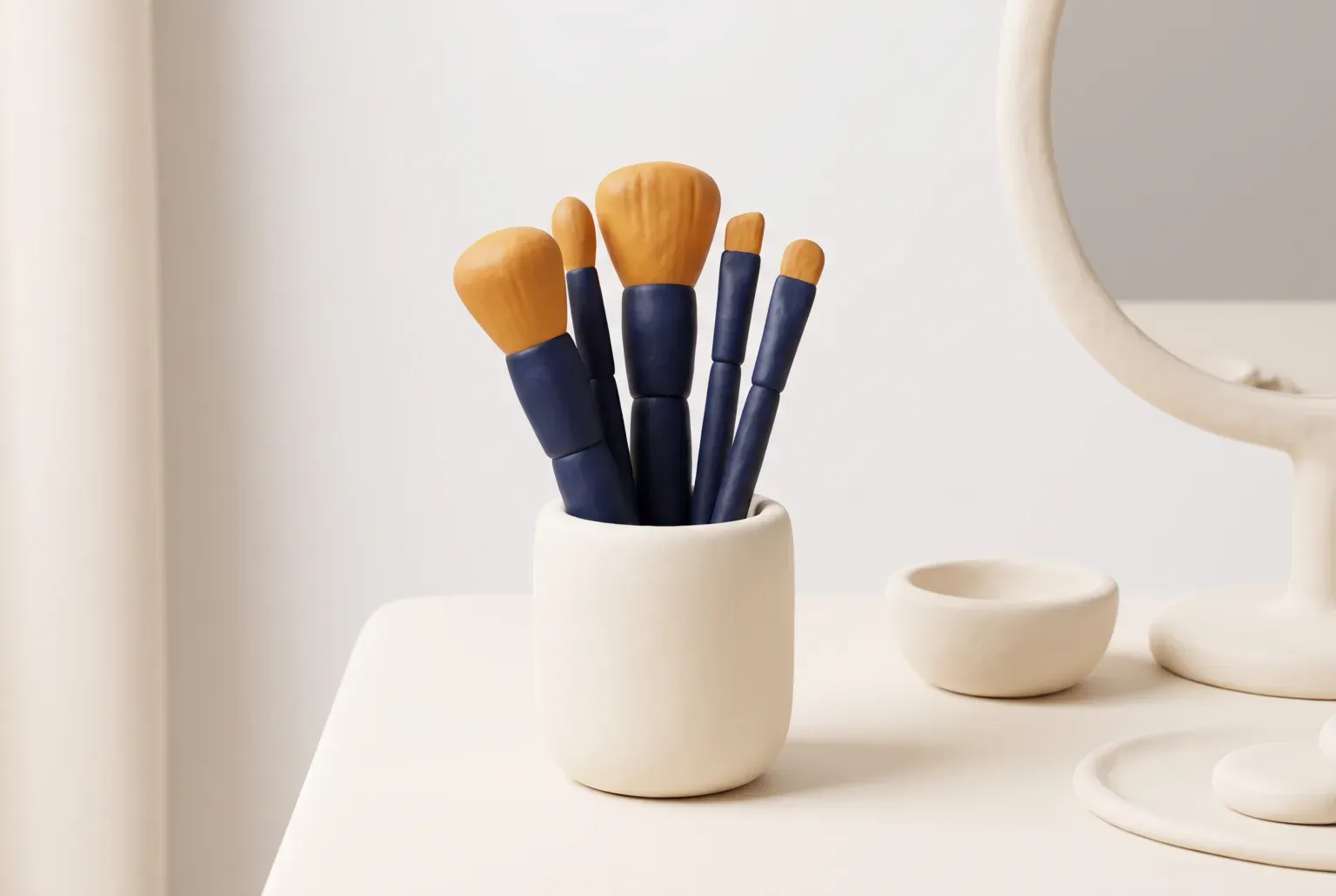 Illustration: a plain set of makeup brushes standing in a cup on a vanity table, drawn as a soft 3D render. Not a real product.