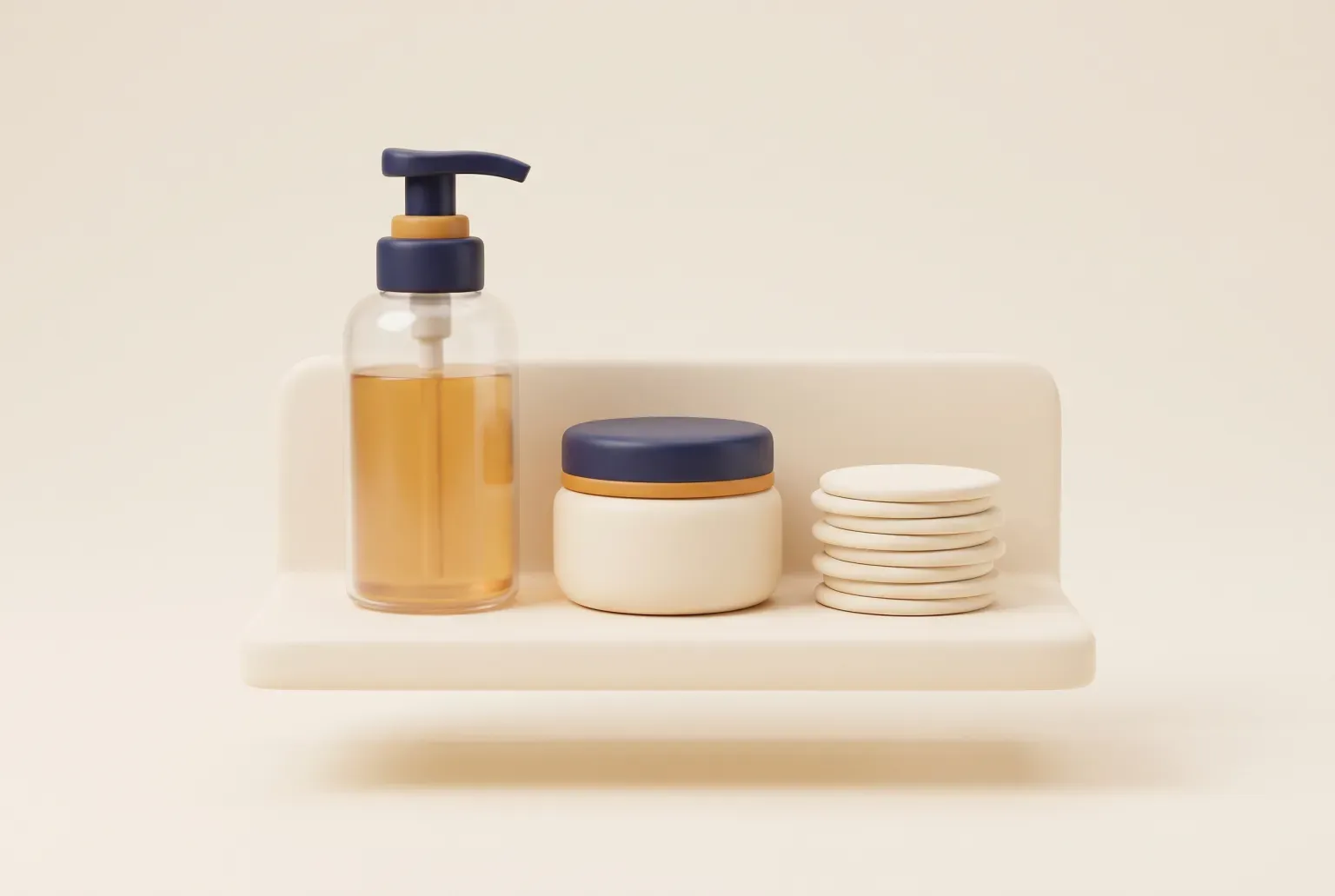 Illustration: a clear pump bottle of amber liquid, a round cream jar with a navy lid and a stack of cotton pads on a cream shelf, drawn as a soft 3D render. Not a real product.
