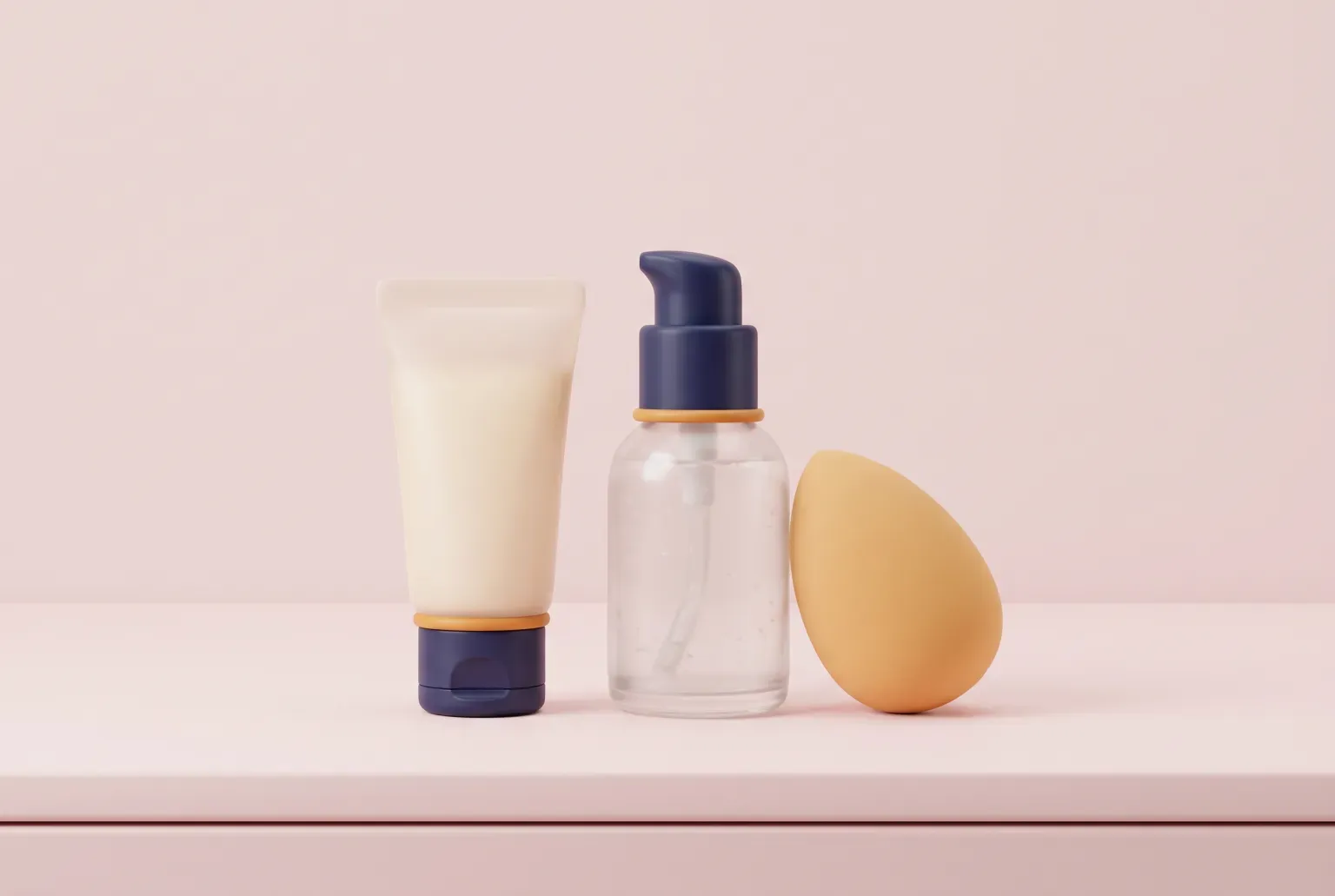 Illustration: a plain cream tube and a clear pump bottle of primer gel beside a makeup sponge on a pale pink vanity, drawn as a soft 3D render. Not a real product.