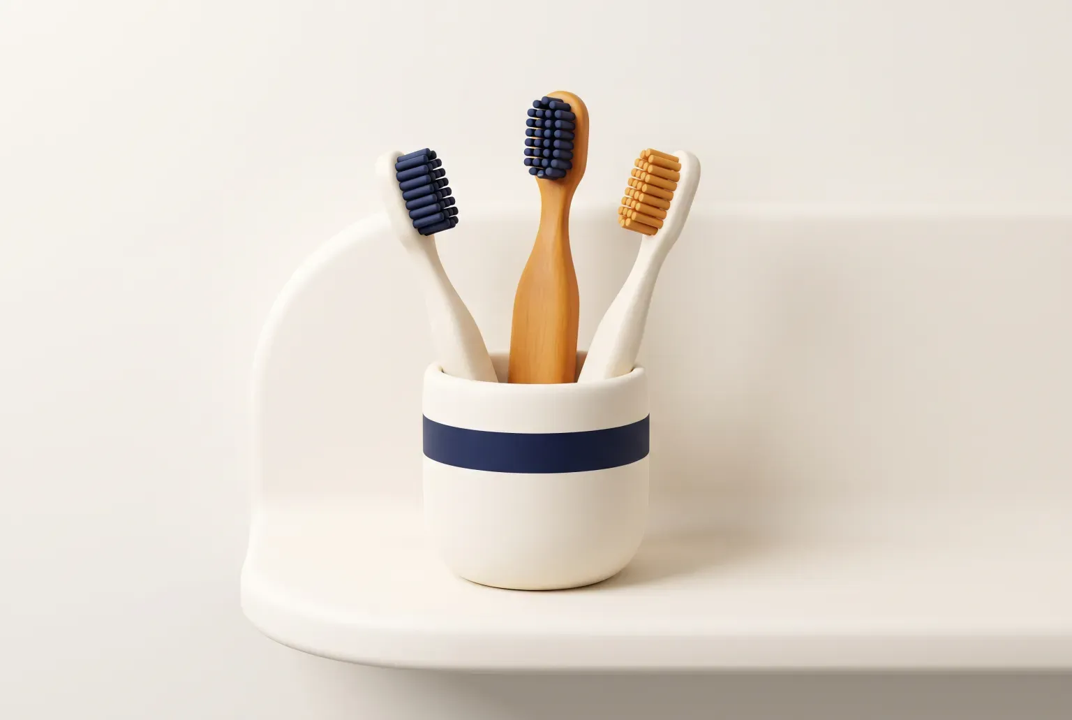 Illustration: three plain toothbrushes in a small ceramic cup on a bathroom shelf, one with a wooden handle, drawn as a soft 3D render. Not a real product.