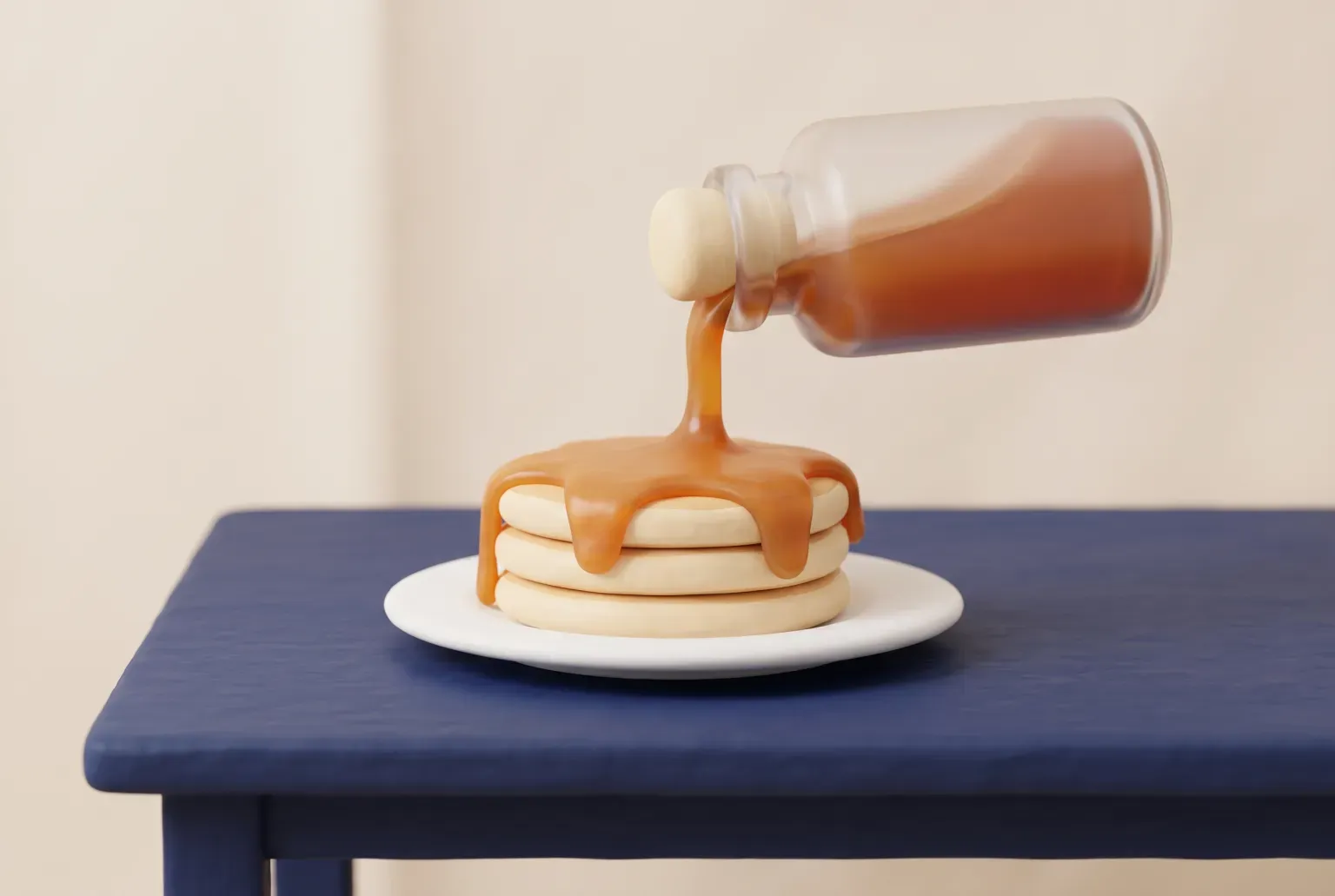 Illustration: a clear glass bottle of amber maple syrup with syrup pouring over a short stack of pancakes on a white plate, on a navy blue table, drawn as a soft 3D render. Not a real product.