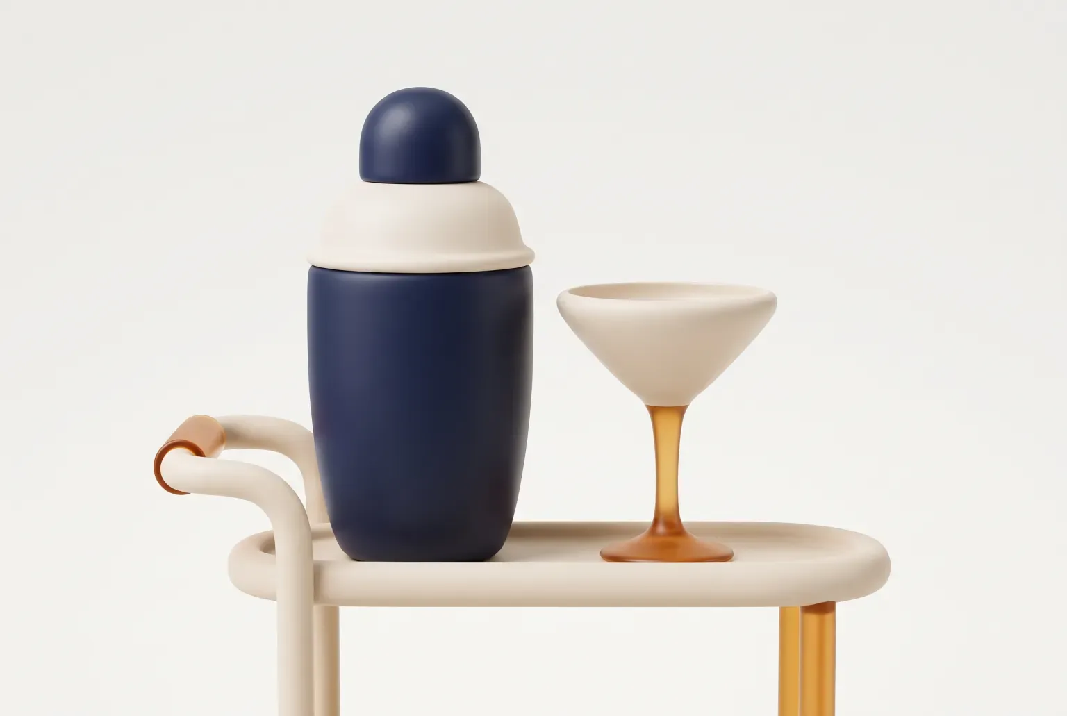 Illustration: a navy blue cocktail shaker with a cream cap and a cream martini glass with an amber stem on a cream bar cart, drawn as a soft 3D render. Not a real product.
