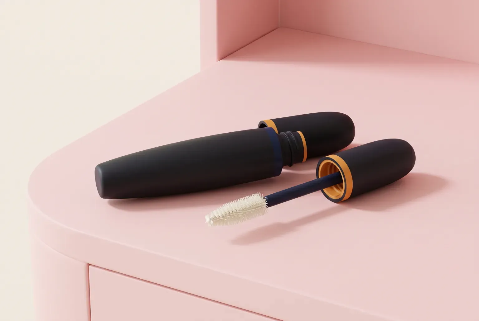 Illustration: a plain black mascara tube lying open with its wand beside it on a pink vanity, drawn as a soft 3D render. Not a real product.