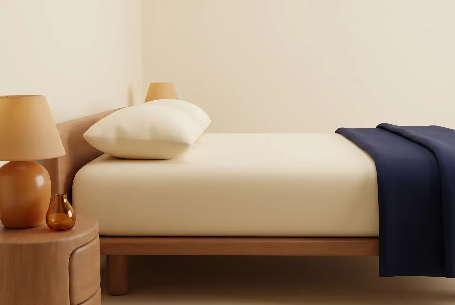Illustration: a plain thick white mattress on a simple wooden bed frame in a calm bedroom, drawn as a soft 3D render. Not a real product.