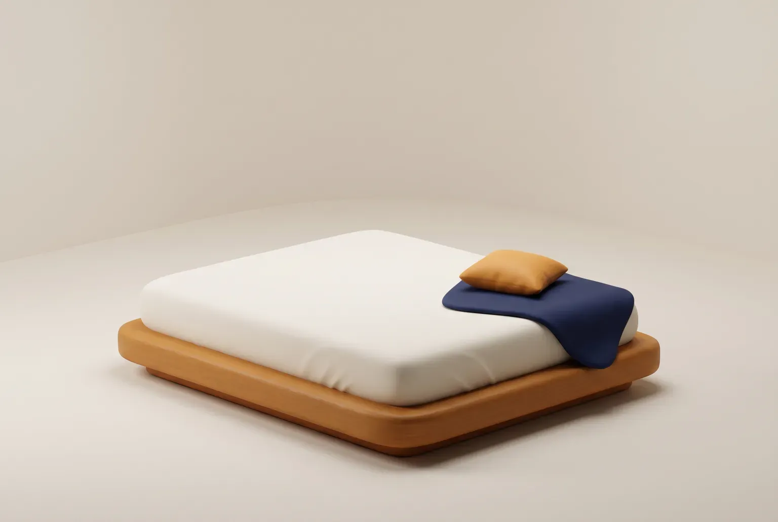 Illustration: a plain cream mattress on a low wooden bed frame with a small amber cushion and a navy throw, drawn as a soft 3D render. Not a real product.