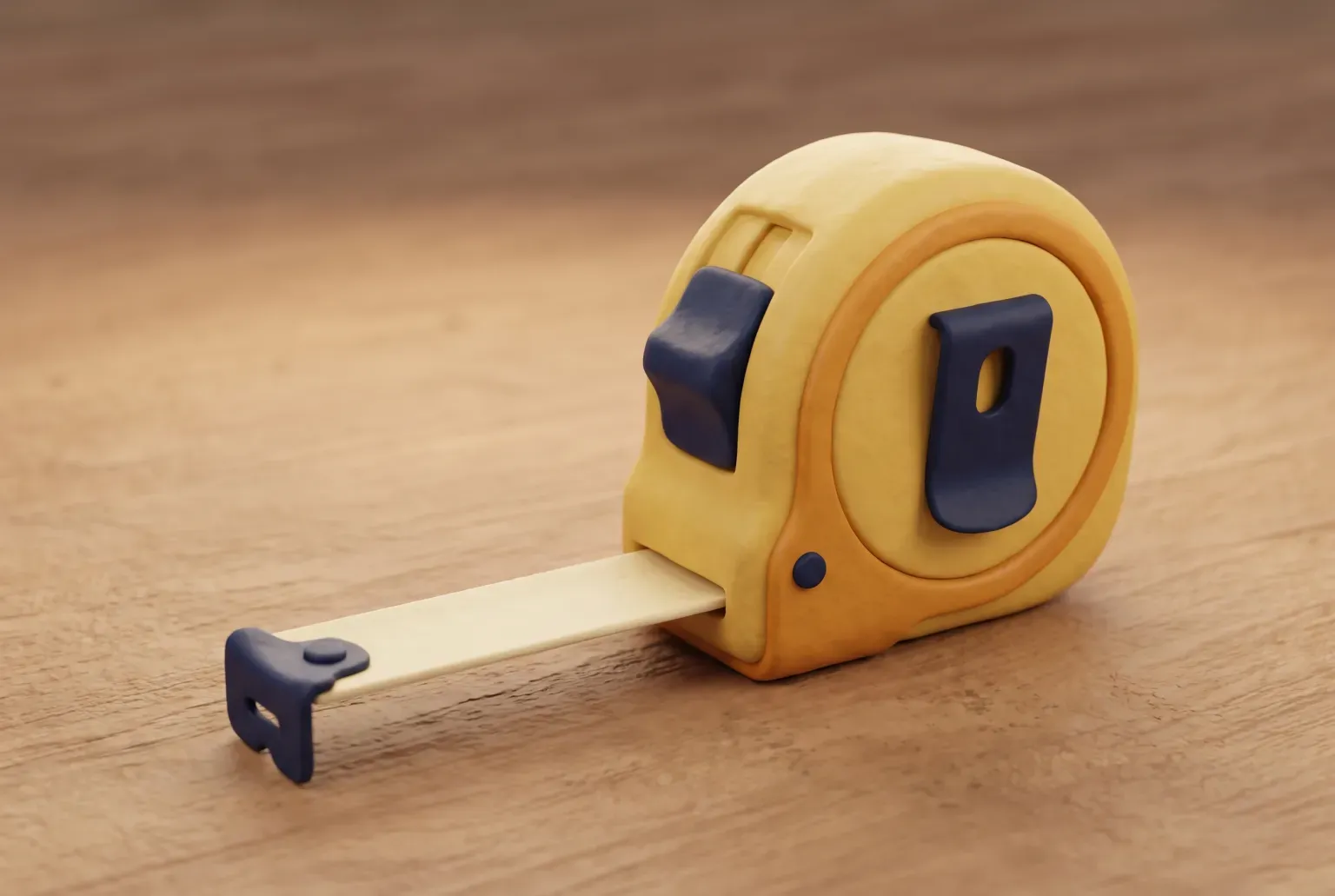 Illustration: a yellow retractable tape measure with a blank blade pulled out a short way on a wooden workbench, drawn as a soft 3D render. Not a real product.
