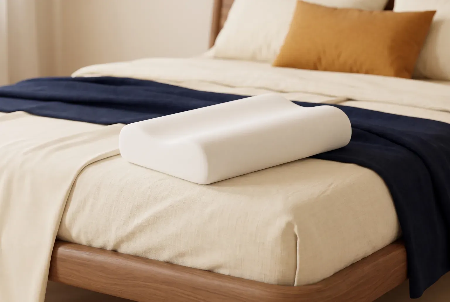 Illustration: a white contour memory foam pillow with a gentle wave shape on a neatly made bed with cream linen and a navy blanket, drawn as a soft 3D render. Not a real product.