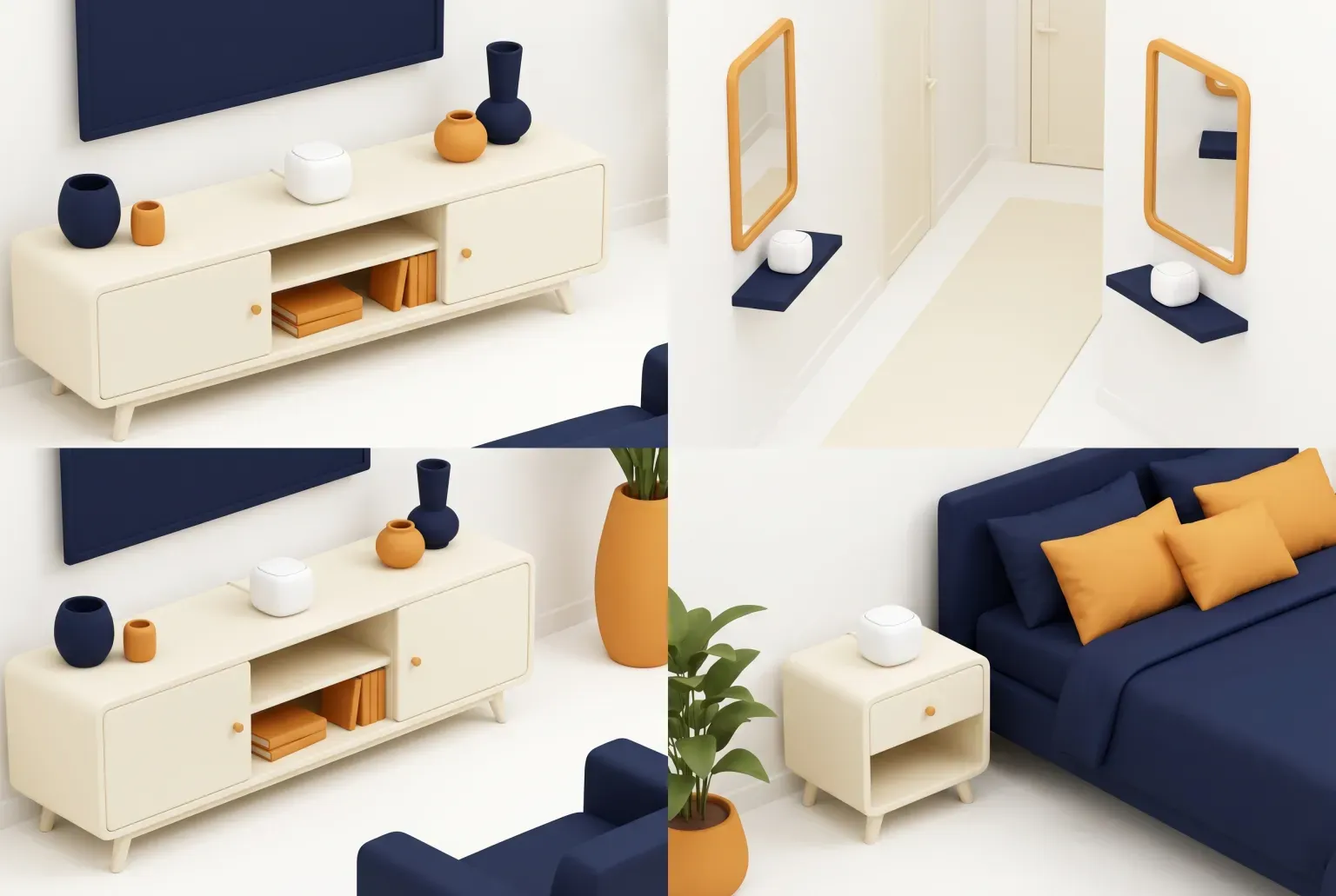 Illustration: three small white mesh Wi-Fi router units placed in different rooms of a home, drawn as a soft 3D render. Not a real product.