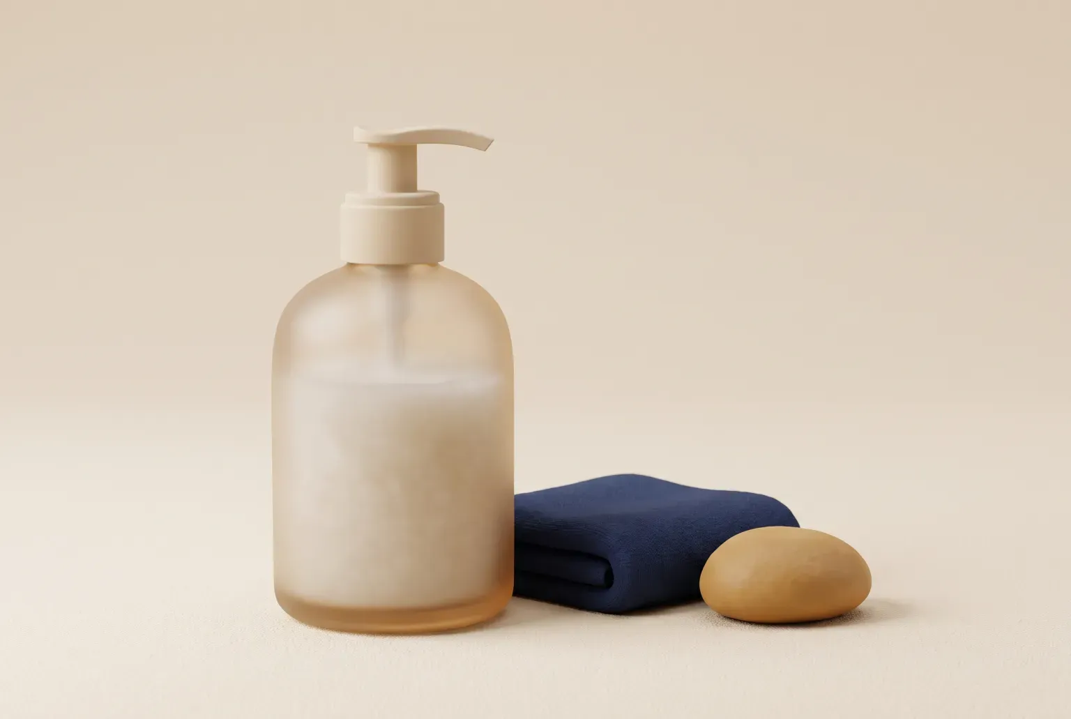 Illustration: a frosted glass pump bottle filled with cloudy white liquid beside a folded navy cloth and a smooth stone, drawn as a soft 3D render. Not a real product.