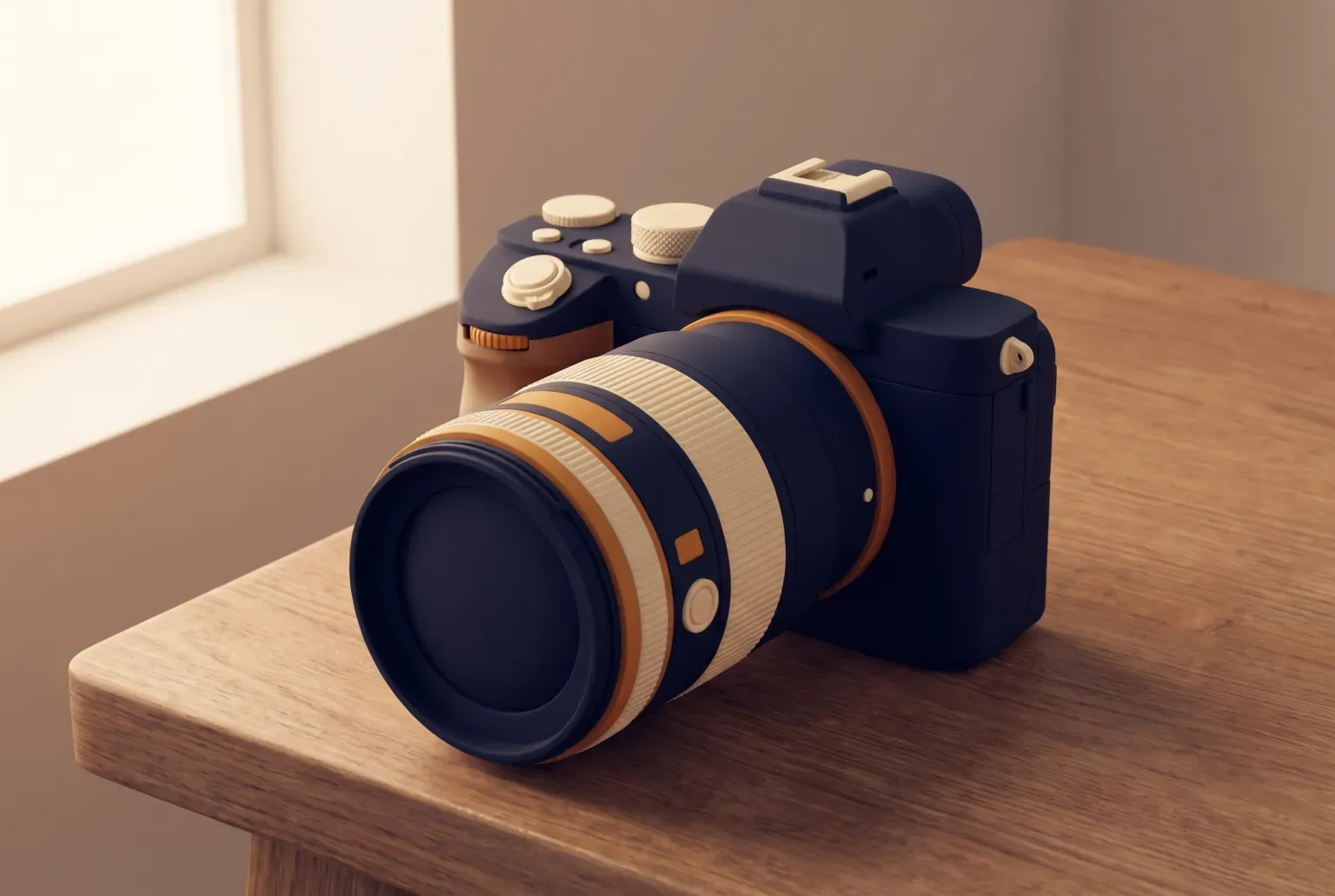 Illustration: a plain navy compact mirrorless camera with a zoom lens on a wooden table near a window, drawn as a soft 3D render. Not a real product.