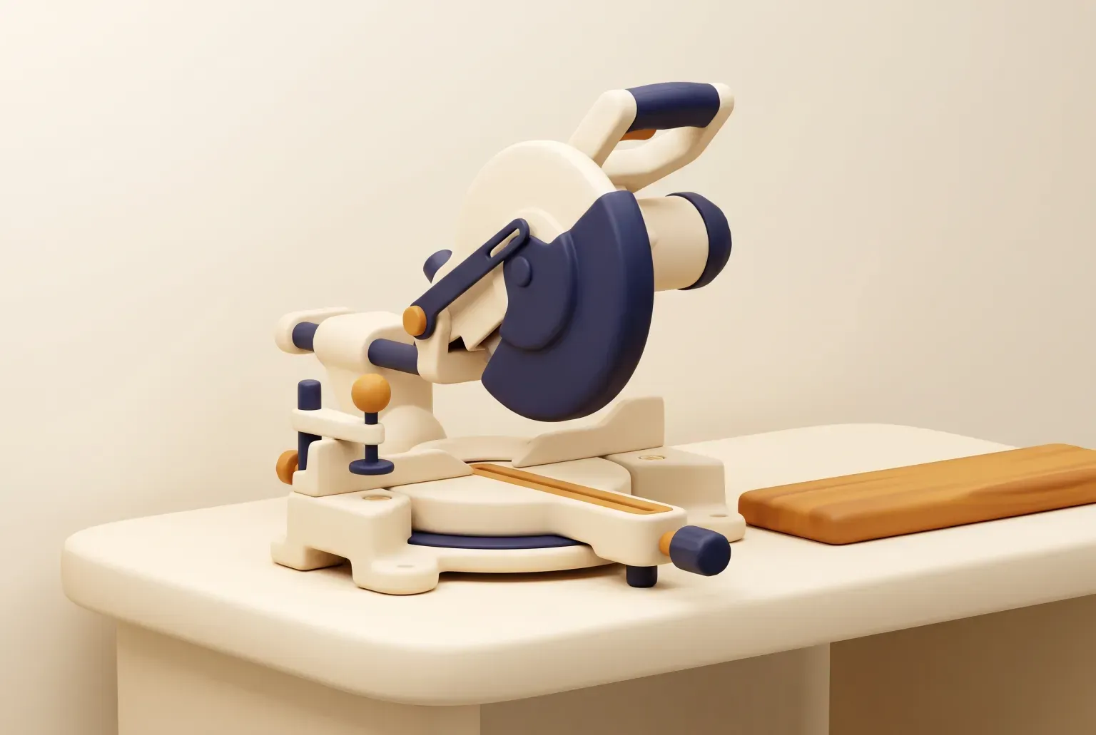 Illustration: a cream and navy miter saw with its blade guard down on a cream workbench beside a short wooden board, drawn as a soft 3D render. Not a real product.