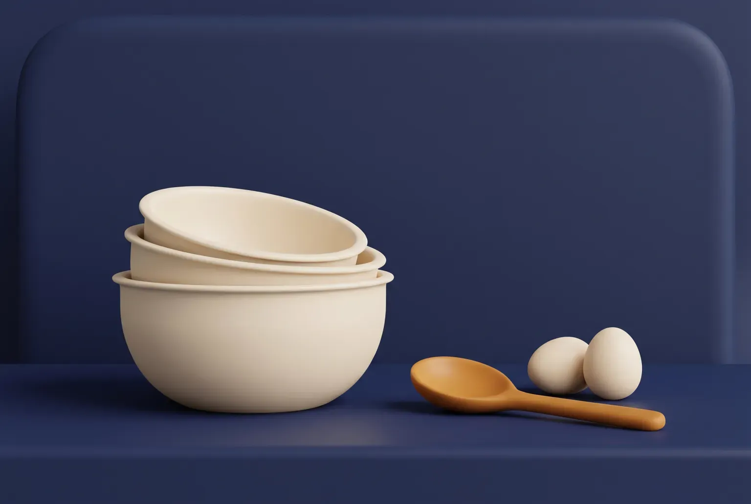 Illustration: a stack of three cream-colored nesting bowls on a navy shelf beside an amber wooden spoon and two eggs, drawn as a soft 3D render. Not a real product.