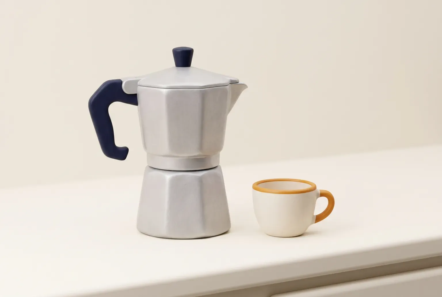 Illustration: a silver octagonal stovetop moka pot with a navy handle and knob beside a small cream espresso cup with an amber rim on a kitchen counter, drawn as a soft 3D render. Not a real product.