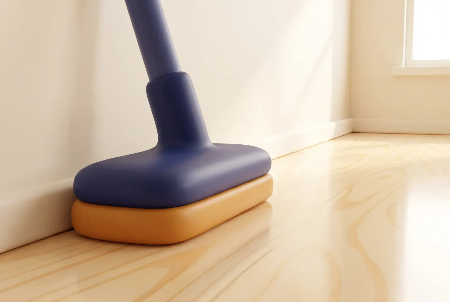 Illustration: a plain flat microfiber mop leaning on a wall over a light hardwood floor, drawn as a soft 3D render. Not a real product.