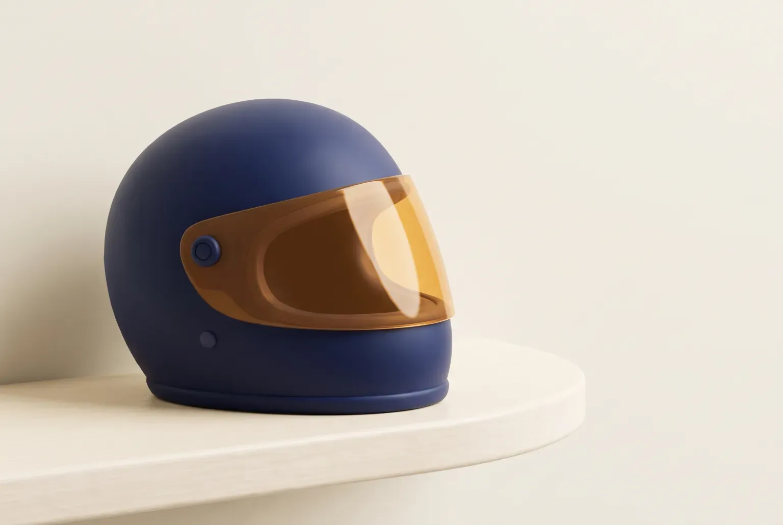 Illustration: a navy full-face helmet with an amber visor on a cream shelf, drawn as a soft 3D render. Not a real product.
