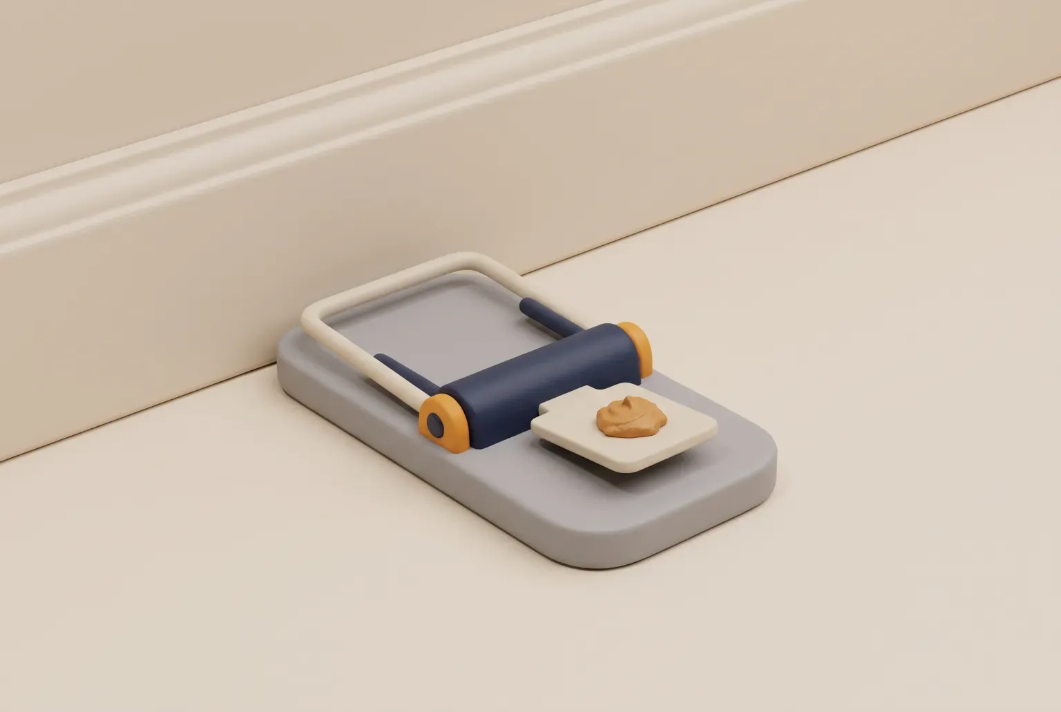 Illustration: a plain snap mouse trap with a dab of peanut butter on a kitchen floor by the wall, drawn as a soft 3D render. Not a real product.