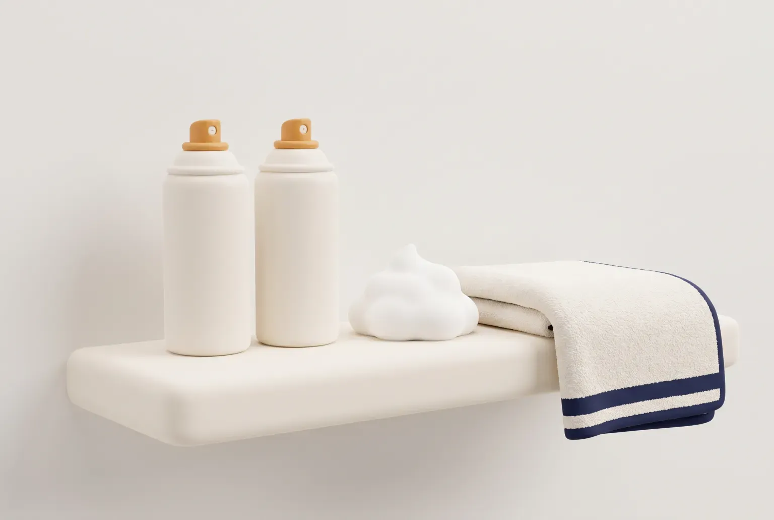 Illustration: two plain unlabeled aerosol cans of hair mousse beside a soft mound of white foam on a bathroom shelf, drawn as a soft 3D render. Not a real product.