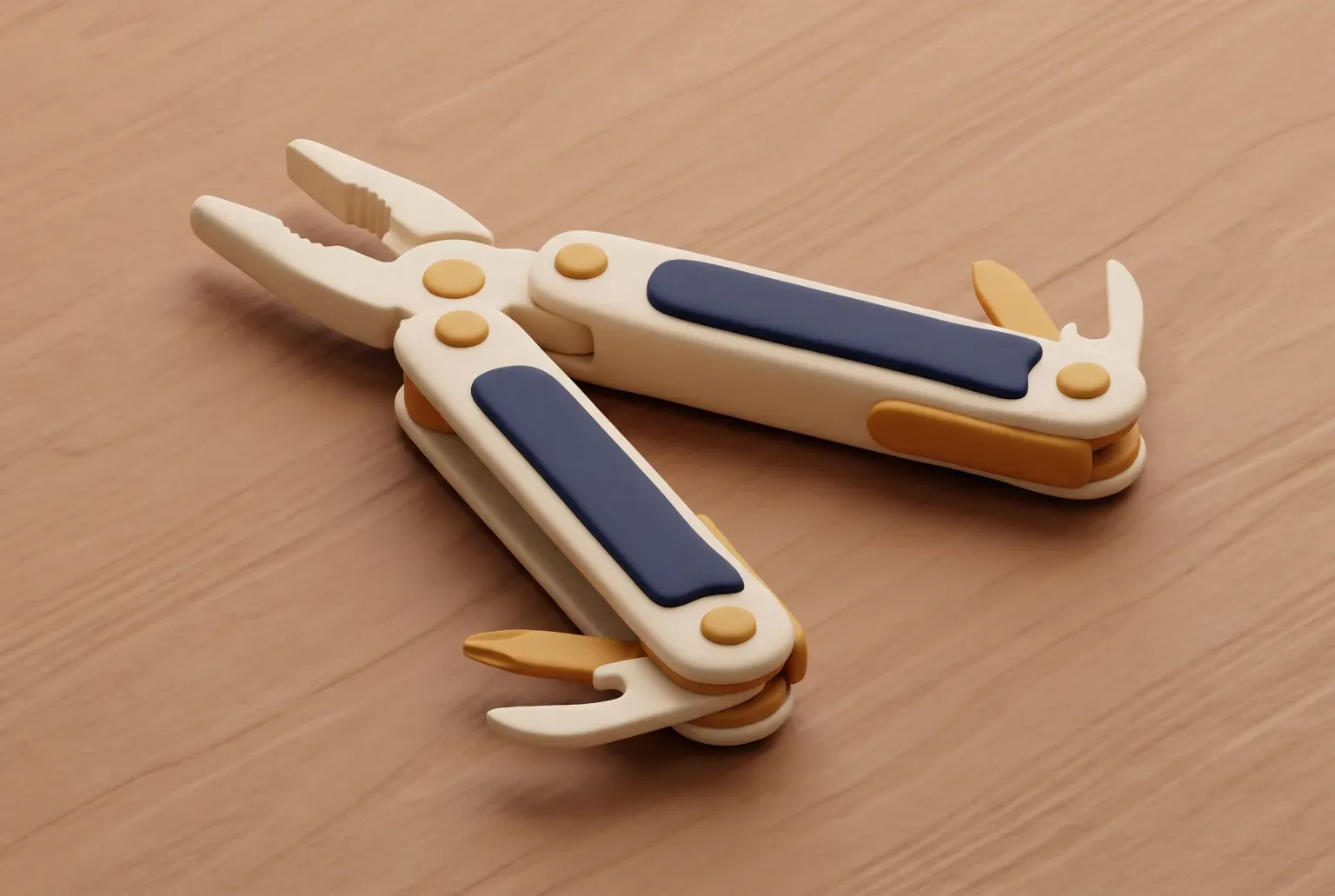 Illustration: a folding pocket multitool with its pliers open on a wooden workbench, drawn as a soft 3D render. Not a real product.