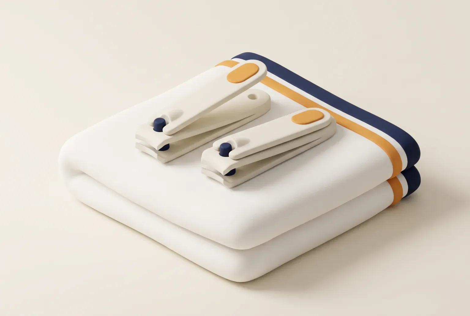 Illustration: two plain nail clippers lying side by side on a folded white hand towel, drawn as a soft 3D render. Not a real product.