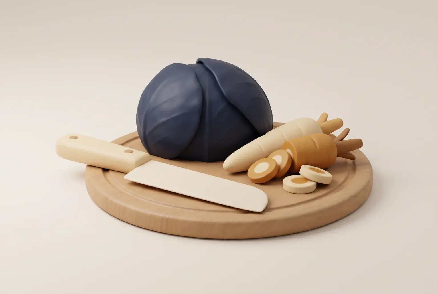 Illustration: a plain cream rectangular vegetable knife with a wooden handle on a round wooden cutting board beside a navy cabbage and sliced carrots, drawn as a soft 3D render. Not a real product.