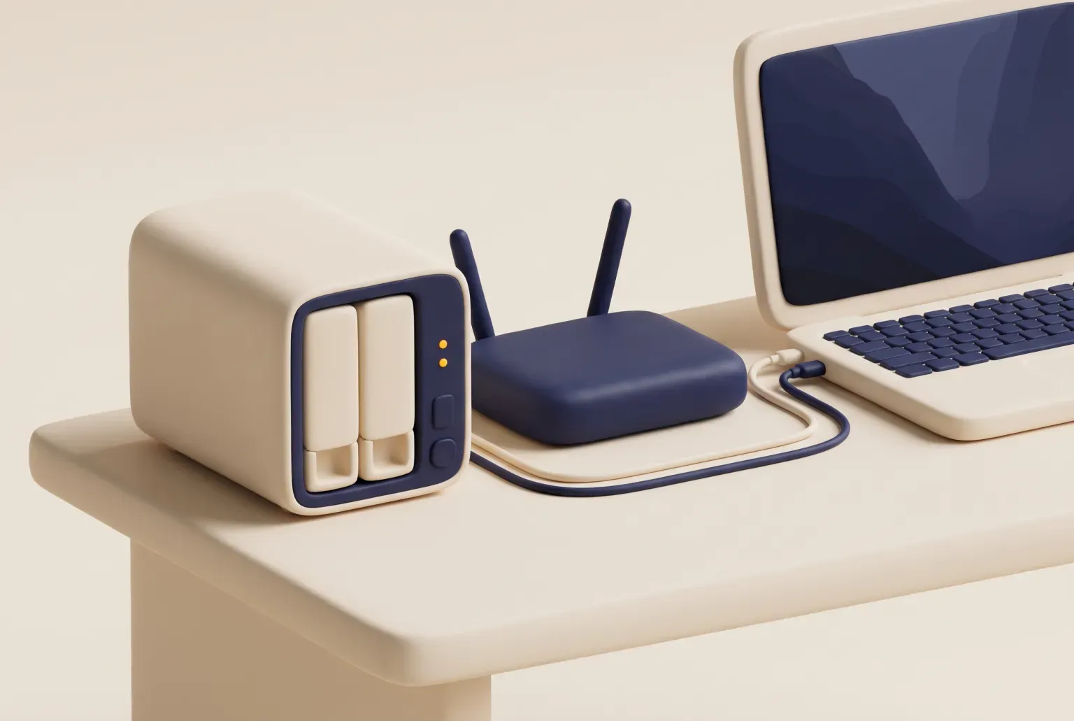 Illustration: a small two-bay network storage box beside a home router and an open laptop on a desk, drawn as a soft 3D render. Not a real product.