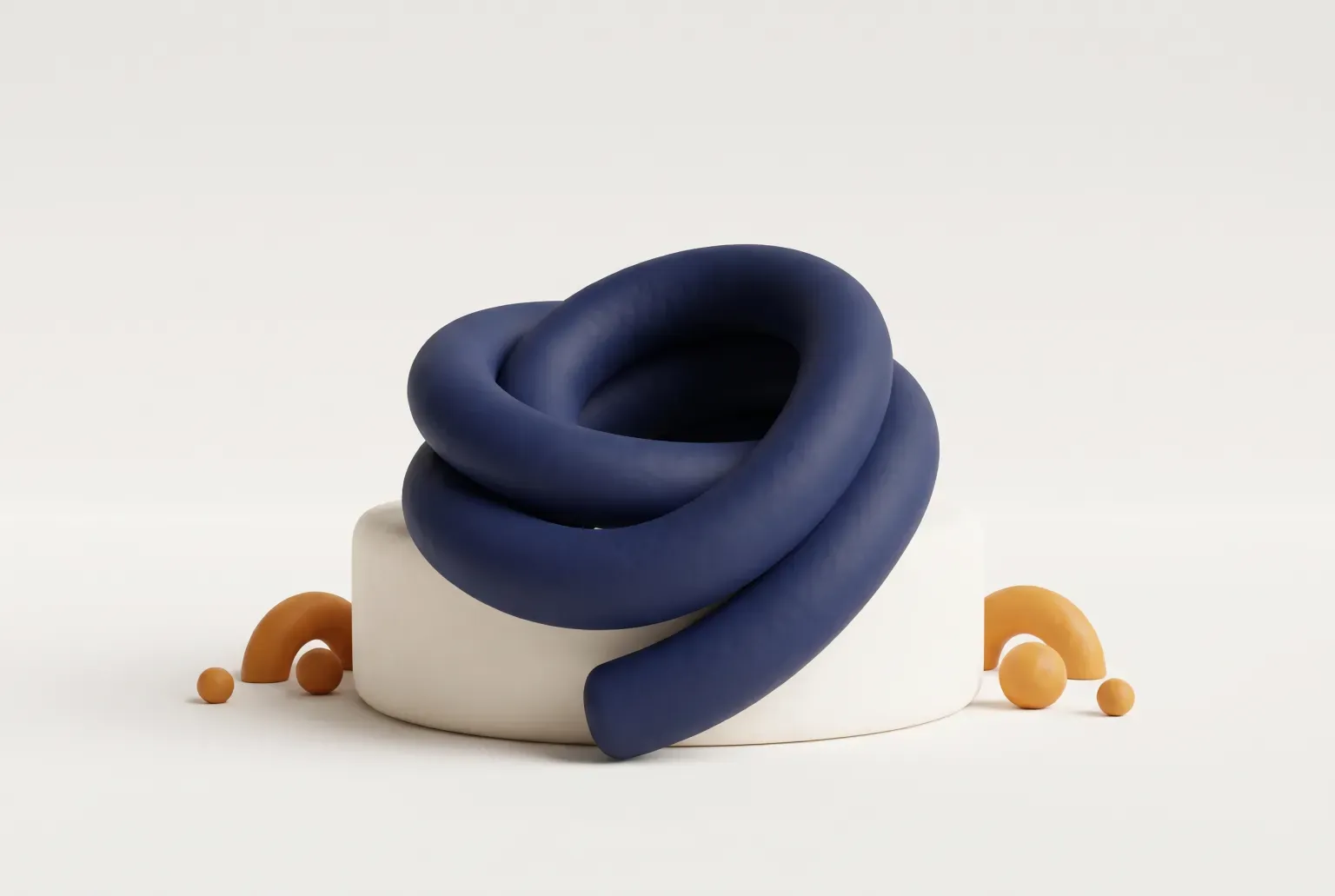Illustration: a thick navy tube scarf coiled in loose loops on a cream round stand with amber arches and balls beside it, drawn as a soft 3D render. Not a real product.