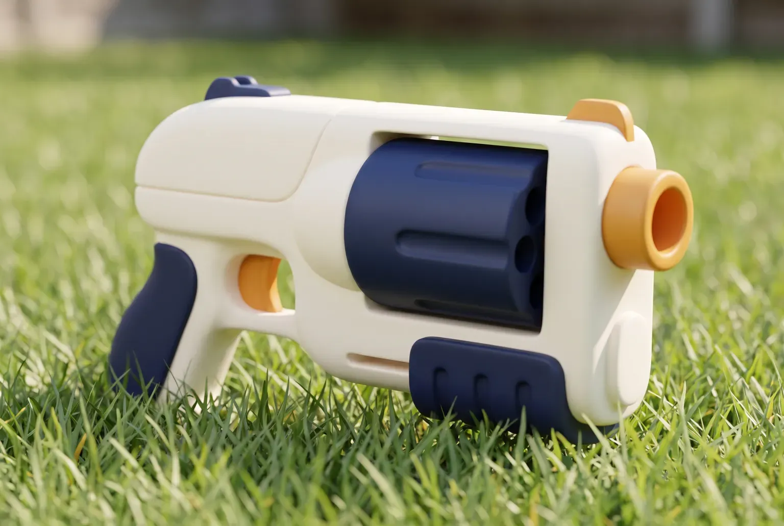 Illustration: a cream and navy toy dart blaster with a rotating drum and an orange muzzle lying on a sunlit lawn, drawn as a soft 3D render. Not a real product.