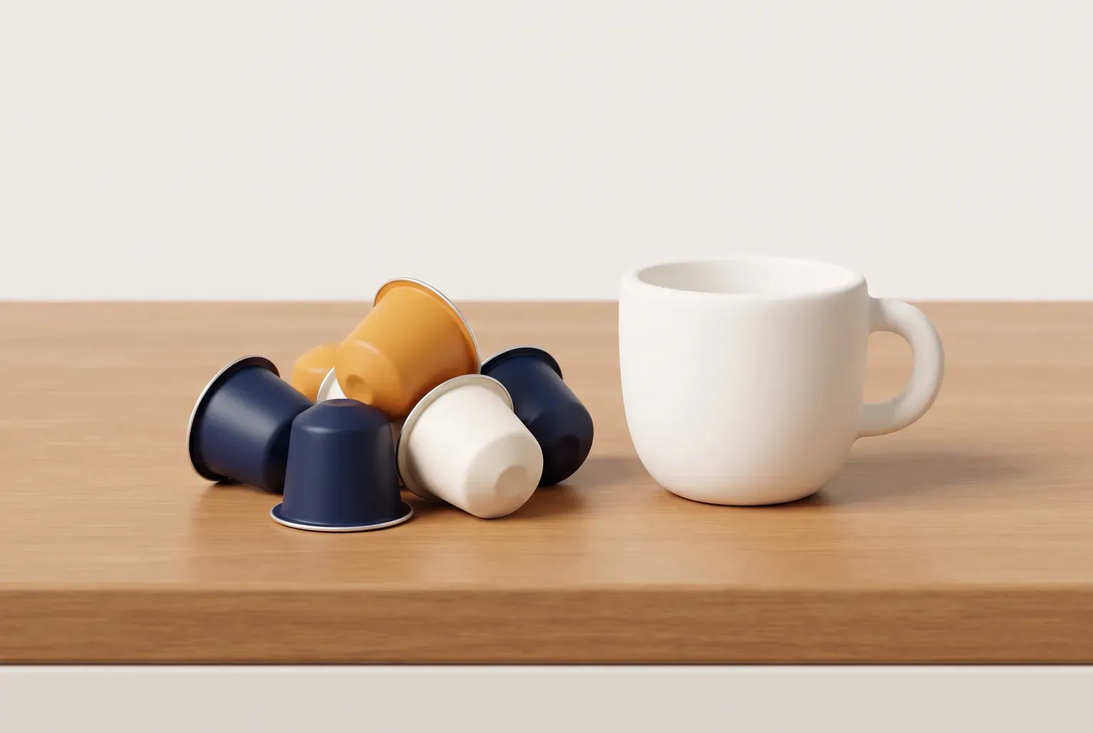 Illustration: a small heap of navy, amber and cream coffee capsules beside a white espresso cup on a wooden counter, drawn as a soft 3D render. Not a real product.