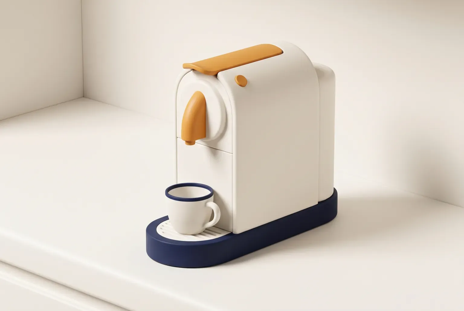 Illustration: a plain cream-colored single-serve capsule coffee machine with a small cup under its spout on a clean kitchen counter, drawn as a soft 3D render. Not a real product.