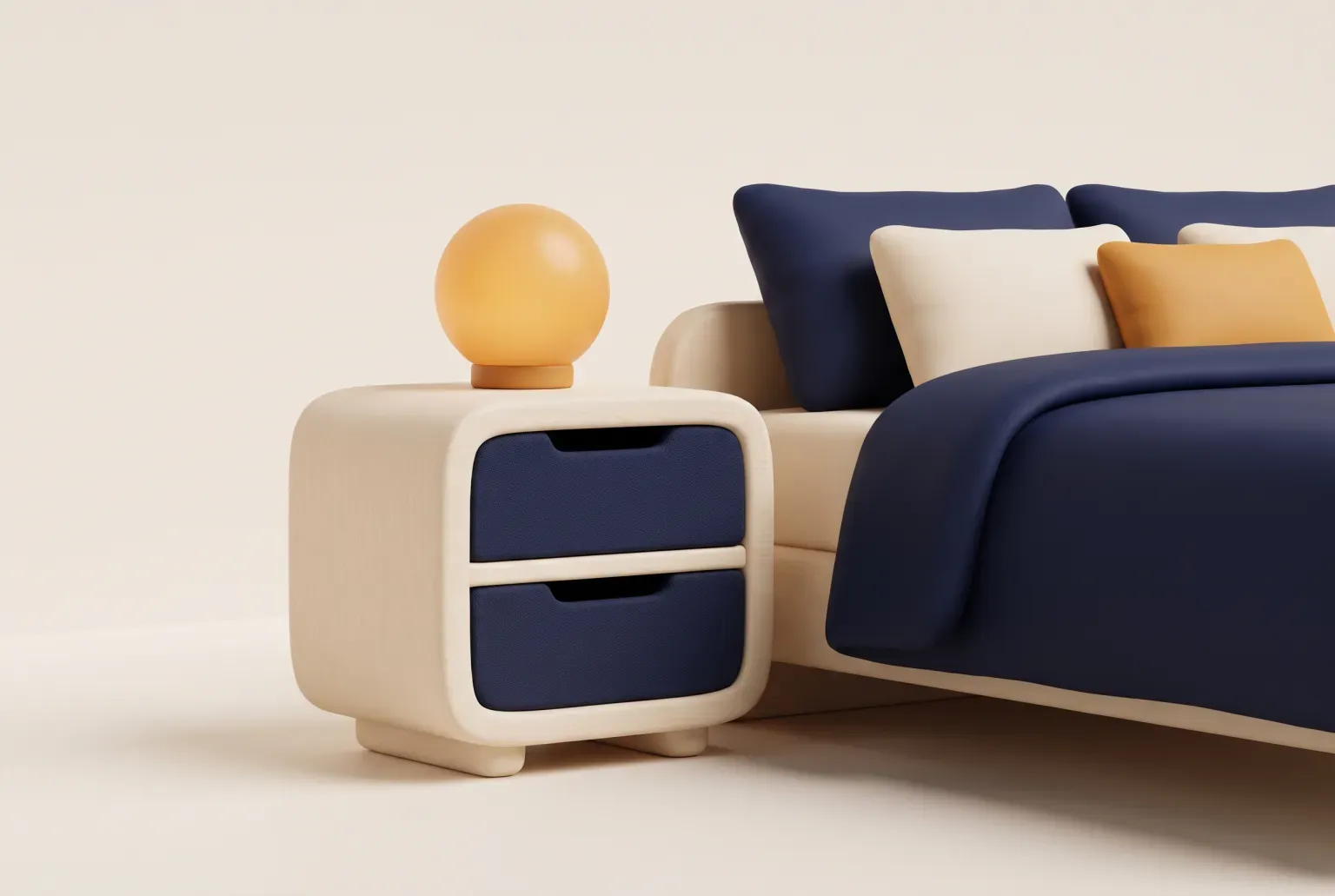 Illustration: a small plain wooden nightstand with two navy fabric drawers and a round amber lamp beside a made bed, drawn as a soft 3D render. Not a real product.