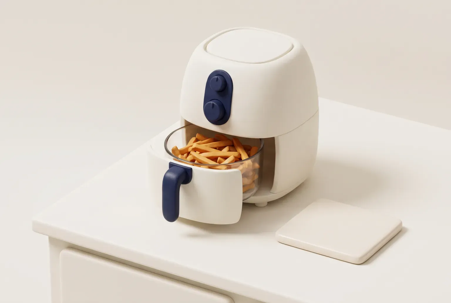Illustration: a cream countertop air fryer with a clear glass bowl of golden fries beside a plain tile on a light kitchen counter, drawn as a soft 3D render. Not a real product.