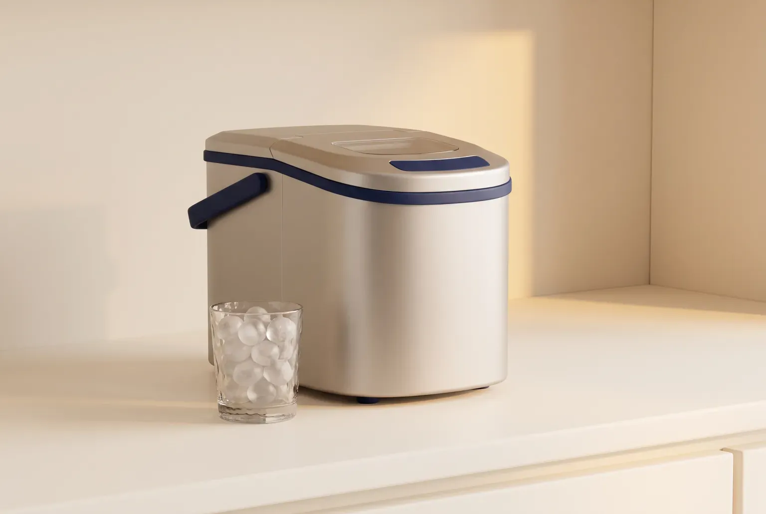 Illustration: a compact plain stainless steel countertop ice maker beside a glass of soft pebble ice on a cream kitchen counter, with soft amber light, drawn as a soft 3D render. Not a real product.