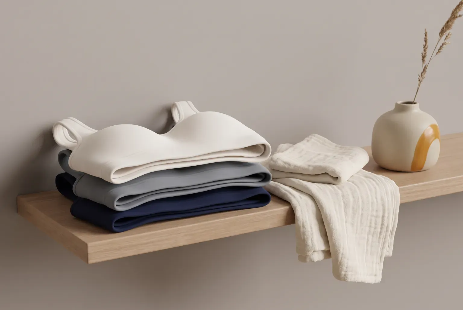 Illustration: a stack of folded cream, grey and navy soft bralettes on a wooden shelf beside a muslin cloth and a small vase, drawn as a soft 3D render. Not a real product.