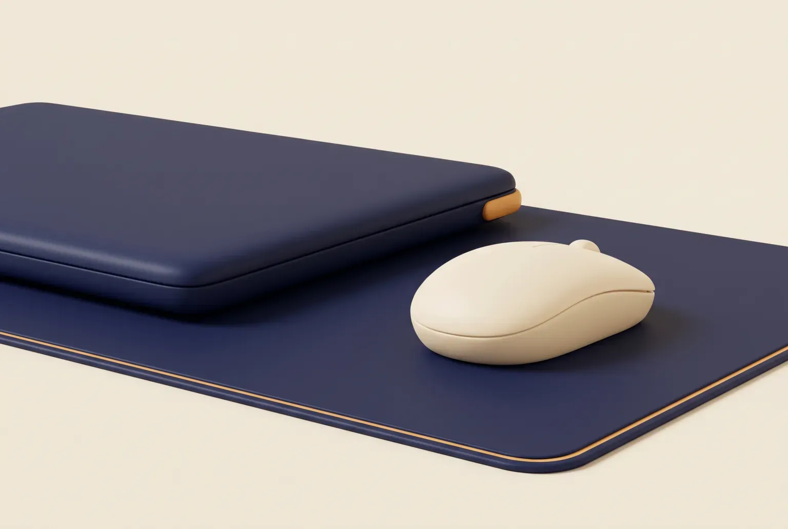 Illustration: a cream wireless computer mouse on a navy desk mat beside a closed navy laptop, drawn as a soft 3D render. Not a real product.