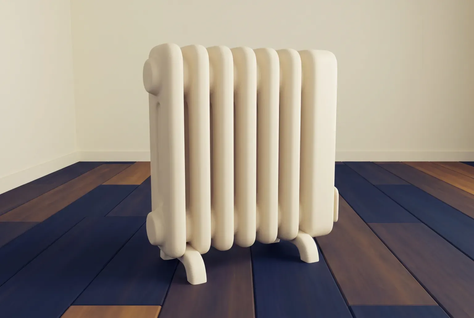 Illustration: a single plain cream oil-filled radiator heater with vertical fins standing alone on a wooden floor with open space around it, drawn as a soft 3D render. Not a real product.