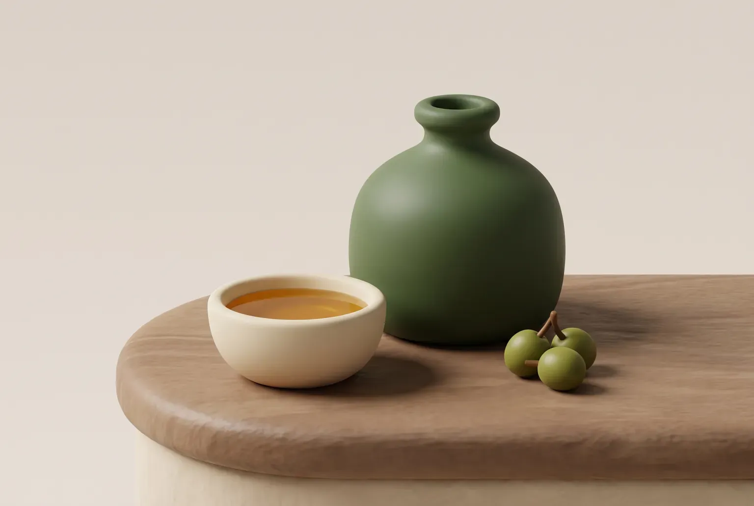 Illustration: a plain green bottle beside a small bowl of golden oil and a few green olives on a wooden counter, drawn as a soft 3D render. Not a real product.
