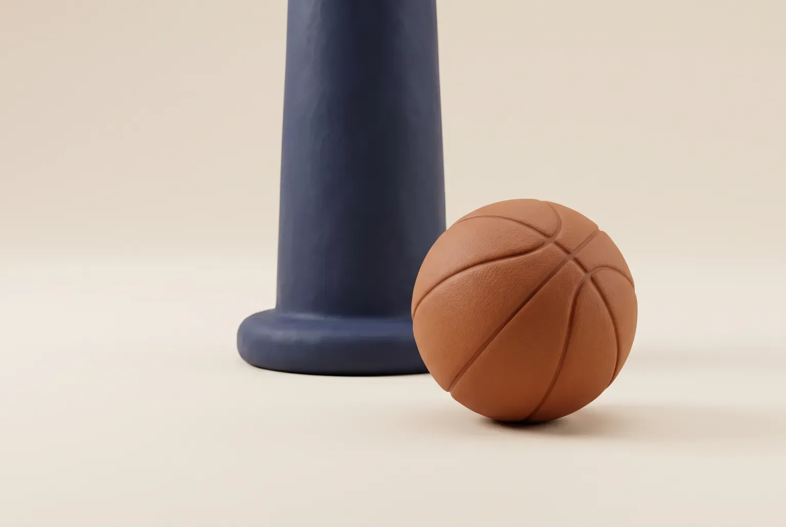 Illustration: a single orange rubber basketball resting on a cream concrete court beside the navy base of a hoop pole, drawn as a soft 3D clay render. Not a real product.