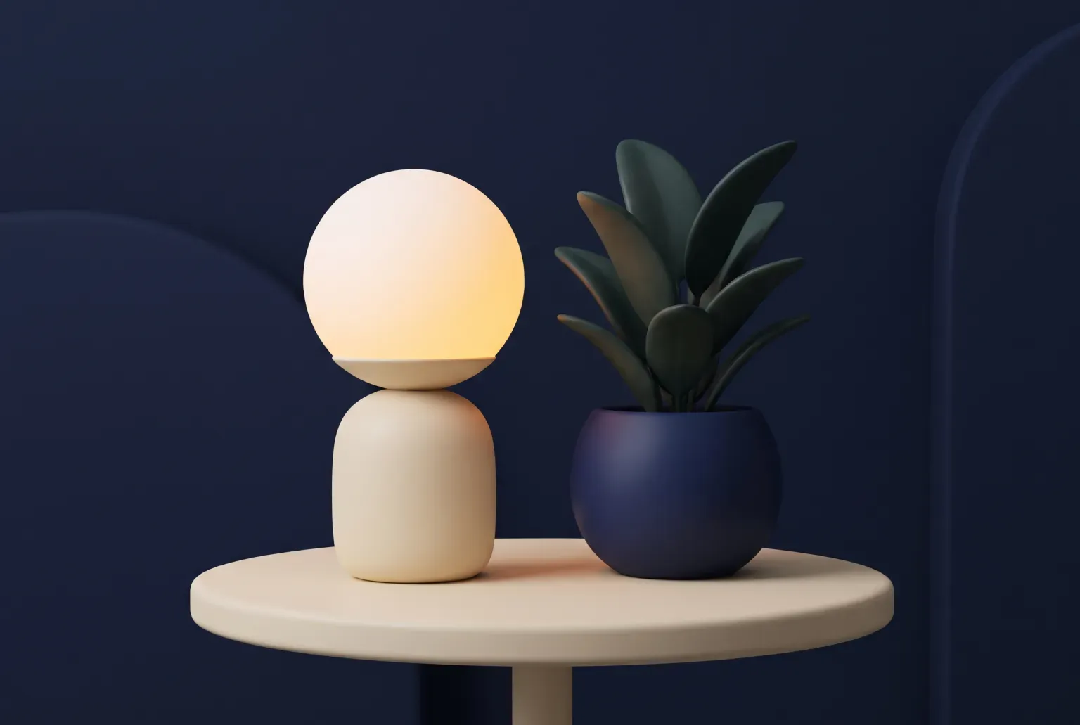 Illustration: a cordless table lamp with a round white shade glowing warmly on a small round patio table beside a potted plant, drawn as a soft 3D render. Not a real product.